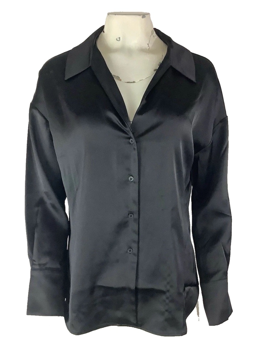 Pleione Sz L Black Satin Long Sleeve Button Front Collared Business Blouse